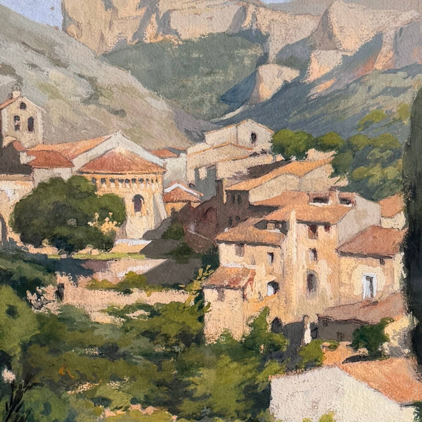 Watercolor on paper, Saint-Guilhem-le-Désert by Ch. Mazelin, 20th century