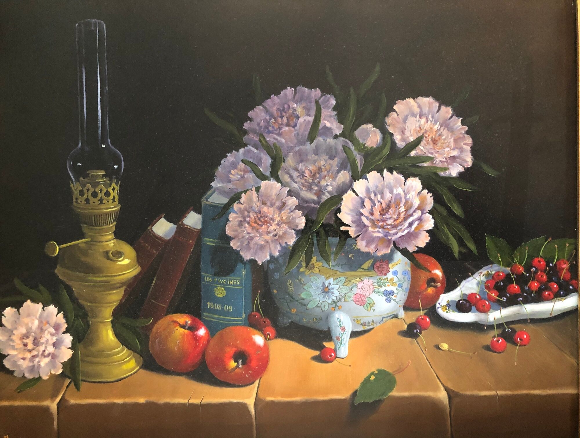 Oil on canvas, still life with flowers and fruit