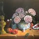 Oil on canvas, still life with flowers and fruit
