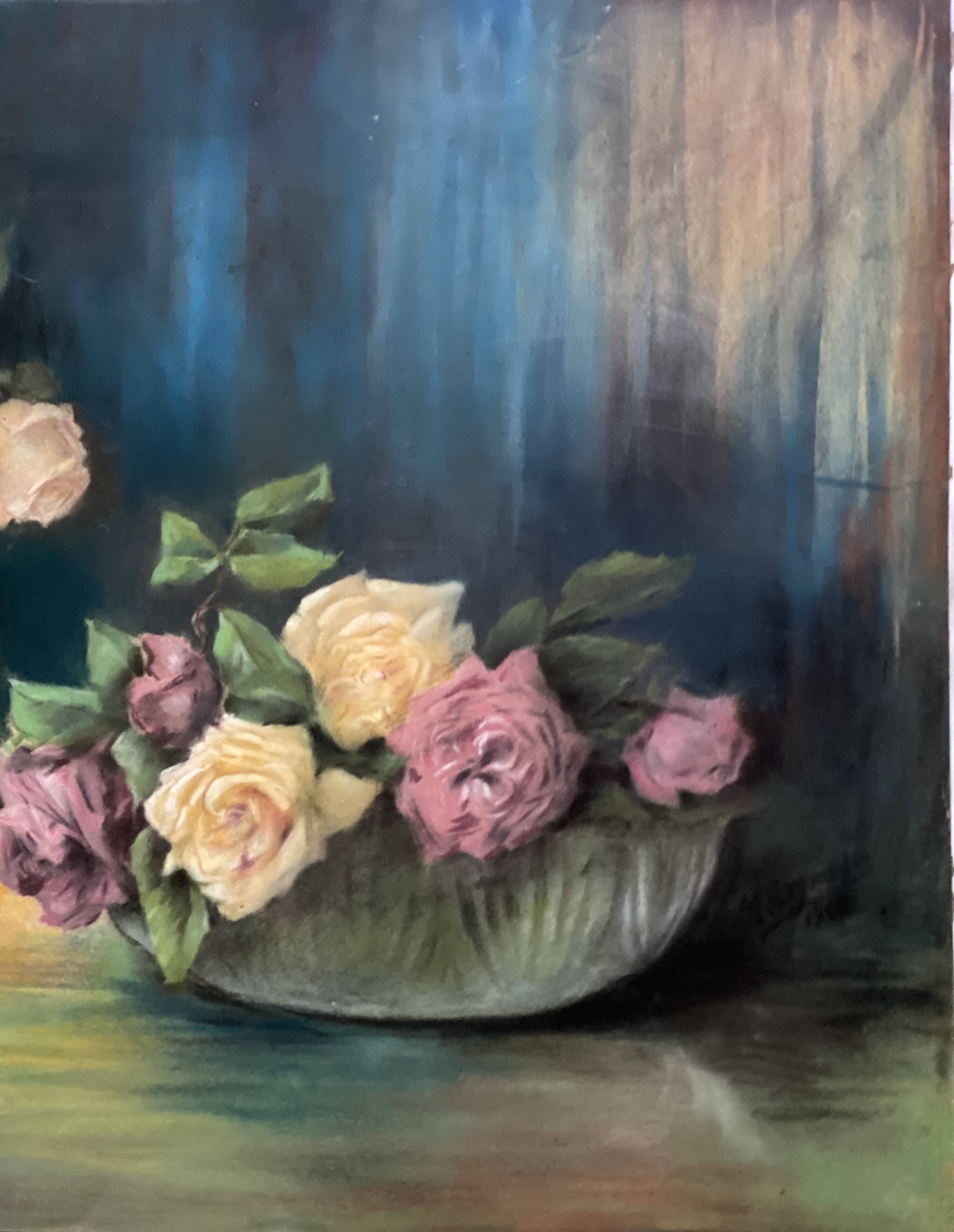 Old pastel painting, bouquets of roses, still life signed M. Legendre