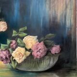 Tableau au pastel ancien, bouquets de roses, nature morte signée M. Legendre