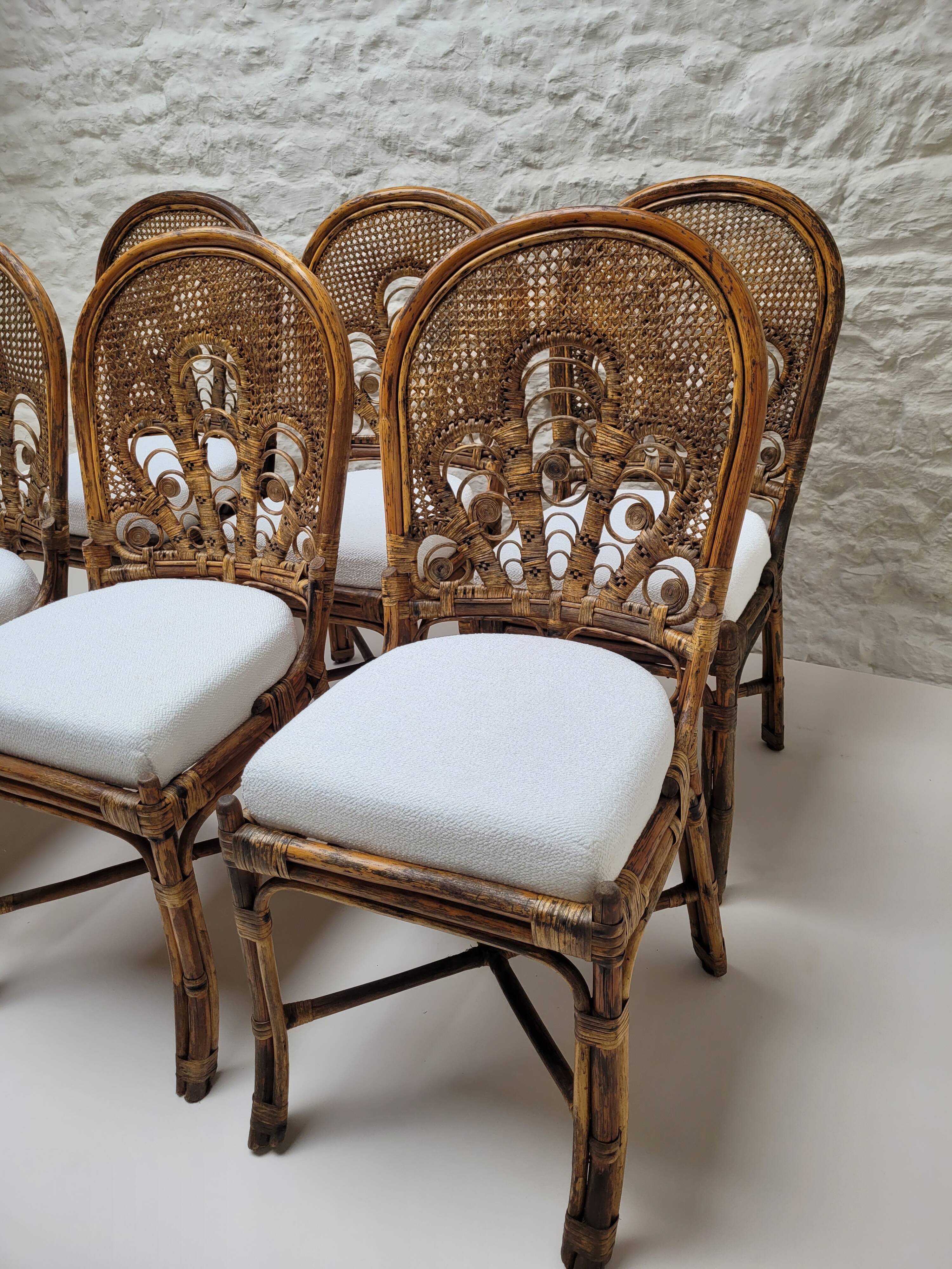 6 Vintage Emmanuelle Peacock Rattan Chairs