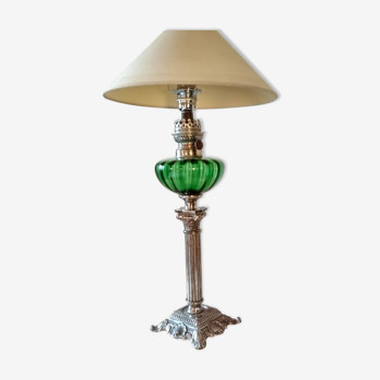 Lampe  à pétrole électrifiéé de table verte et argentée belle époque  XIX ème