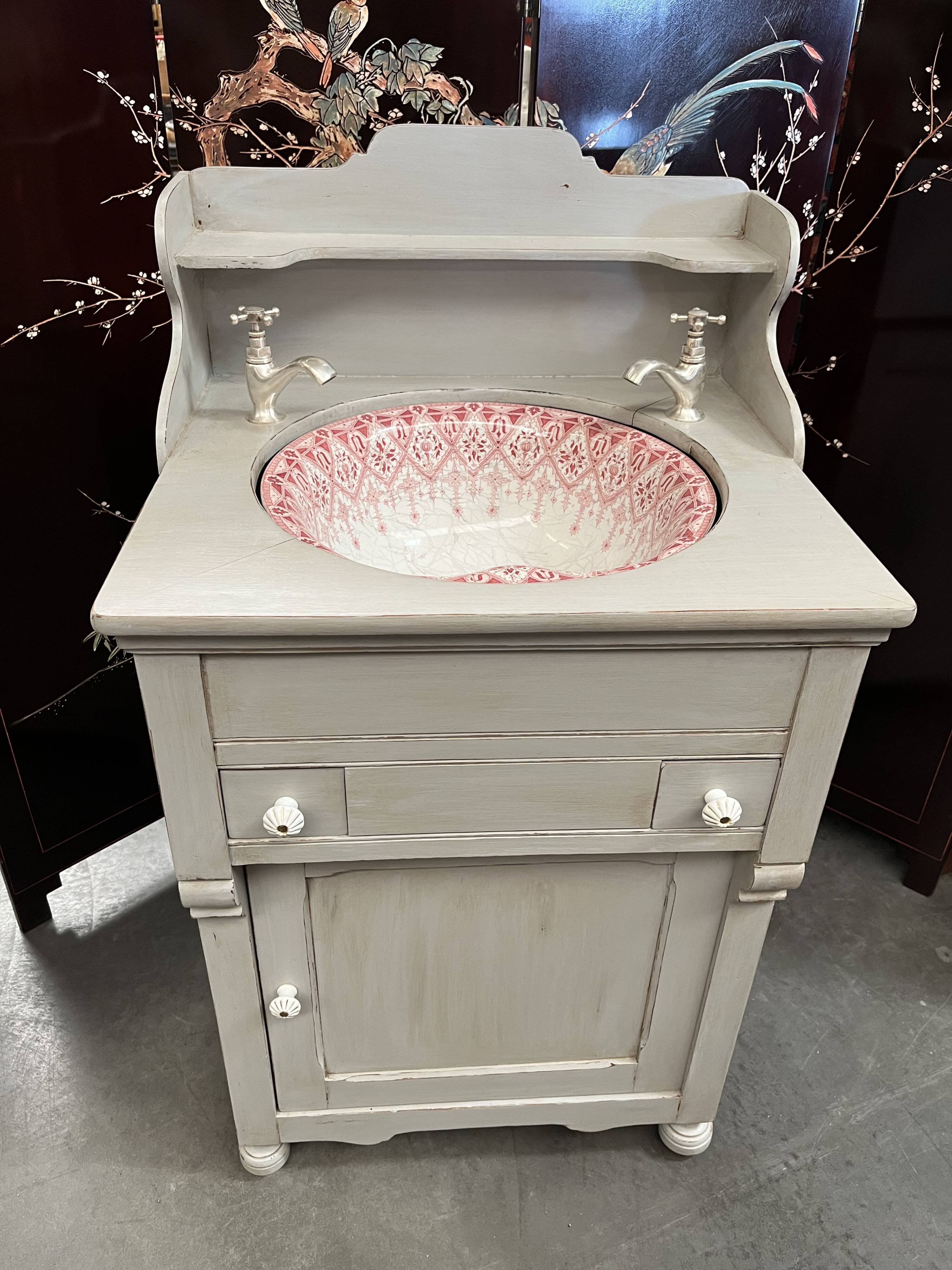 Old vanity unit in patinated wood gray basin earthenware rocker bathroom