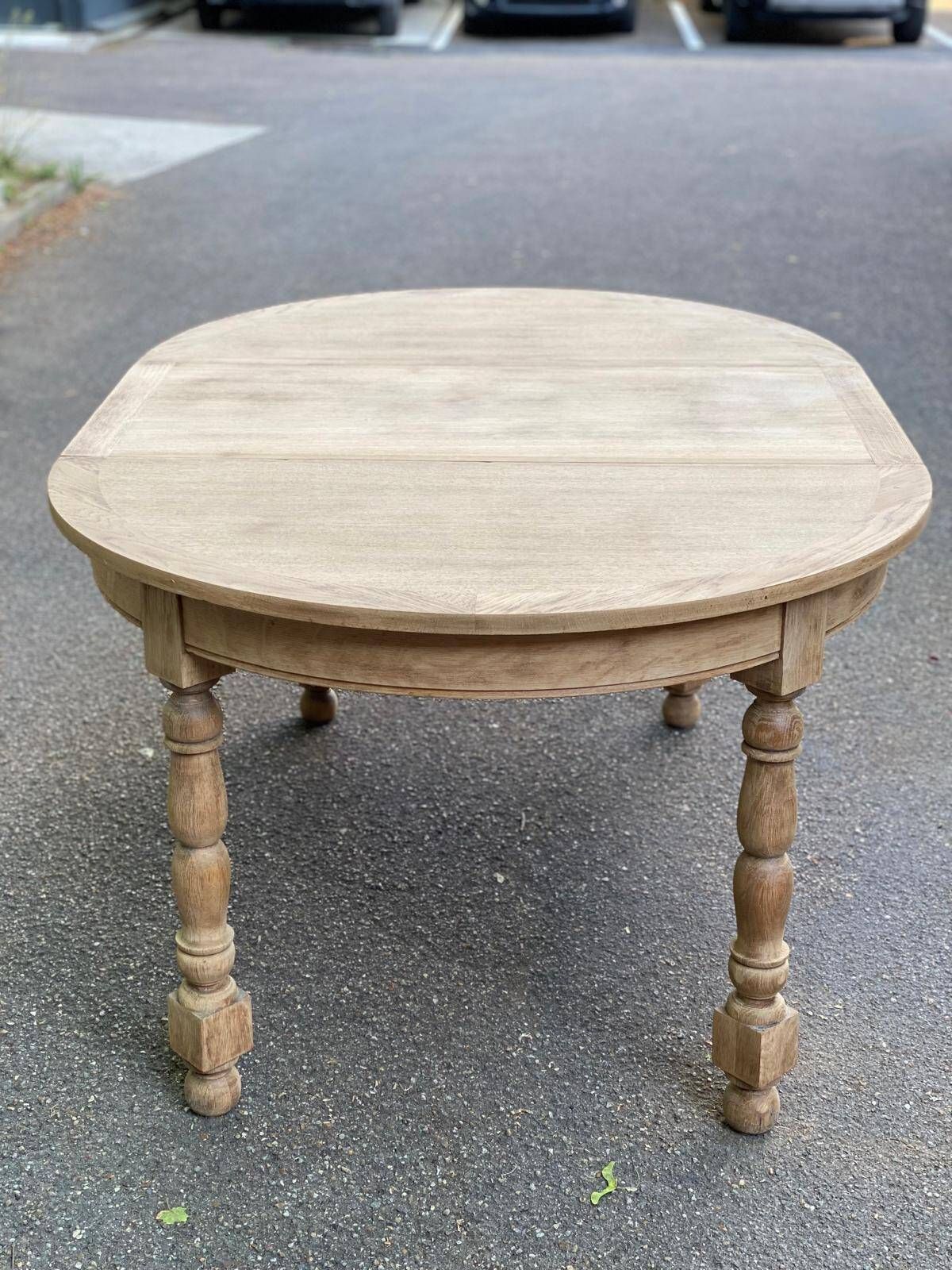 Extendable round farmhouse dining table renovated in raw oak 160cm 20th century