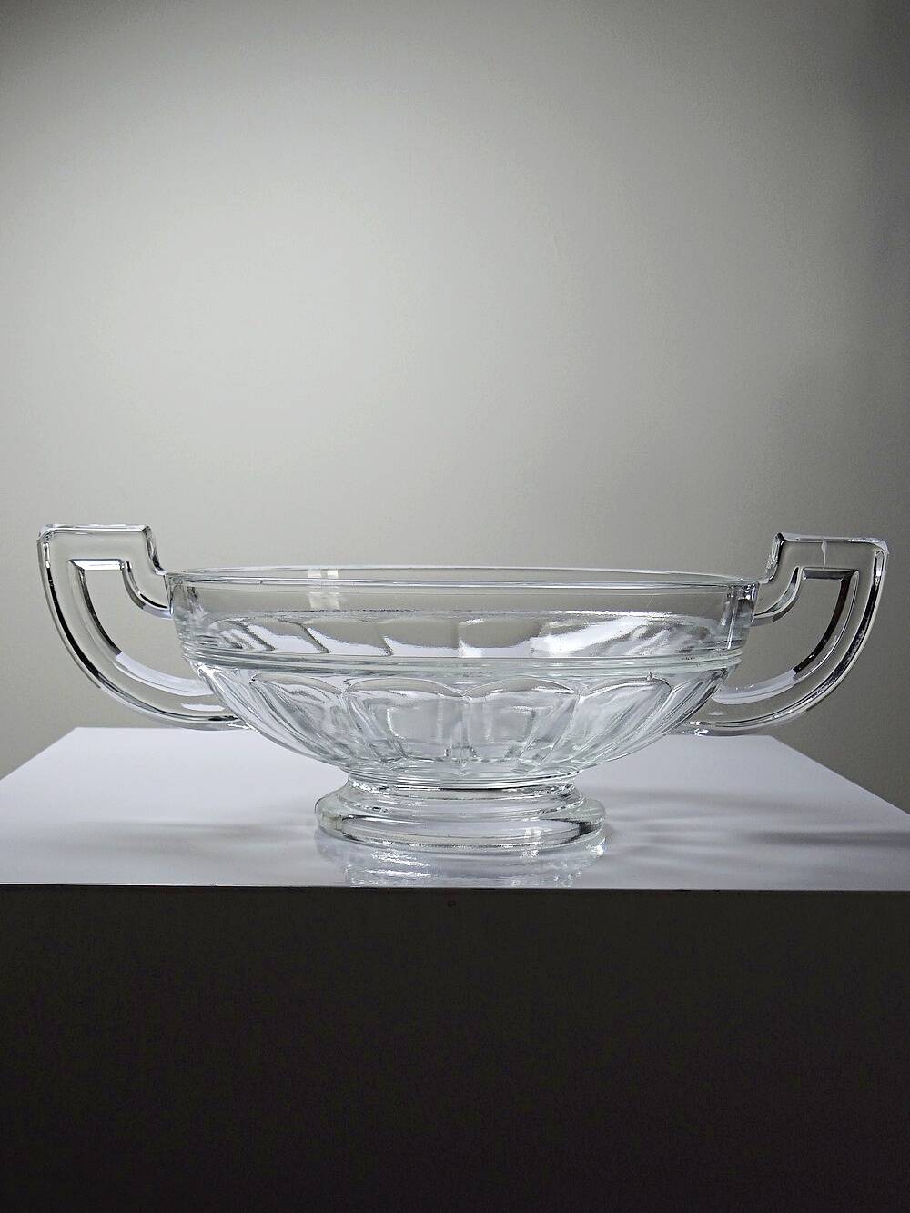 Art Deco glass bowl, in the style of Val Saint Lambert, with wide handles.