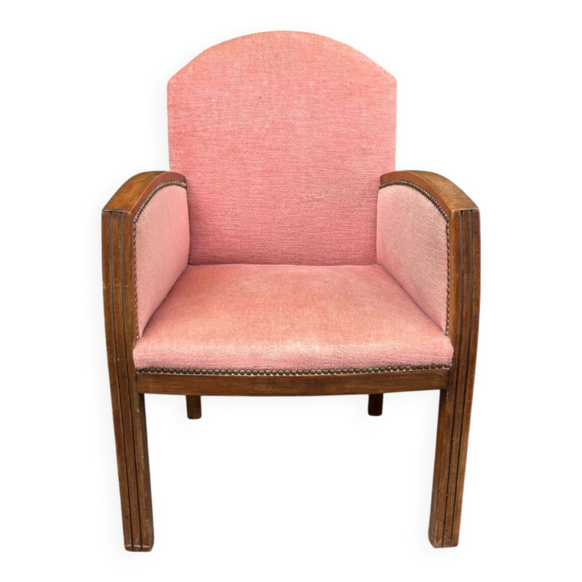 Art Deco bridge armchair in solid oak and salmon pink velvet, 1960.