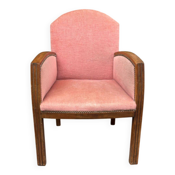 Fauteuil bridge Art déco en chêne massif et velours rouge saumon, 1960