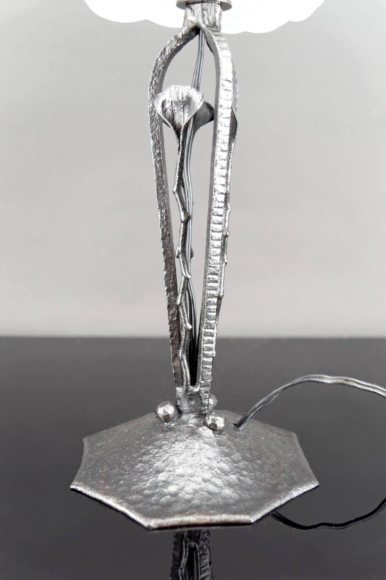 Art Deco Wrought Iron Lamp, Floral Tulip signed Degué, France, c. 1930