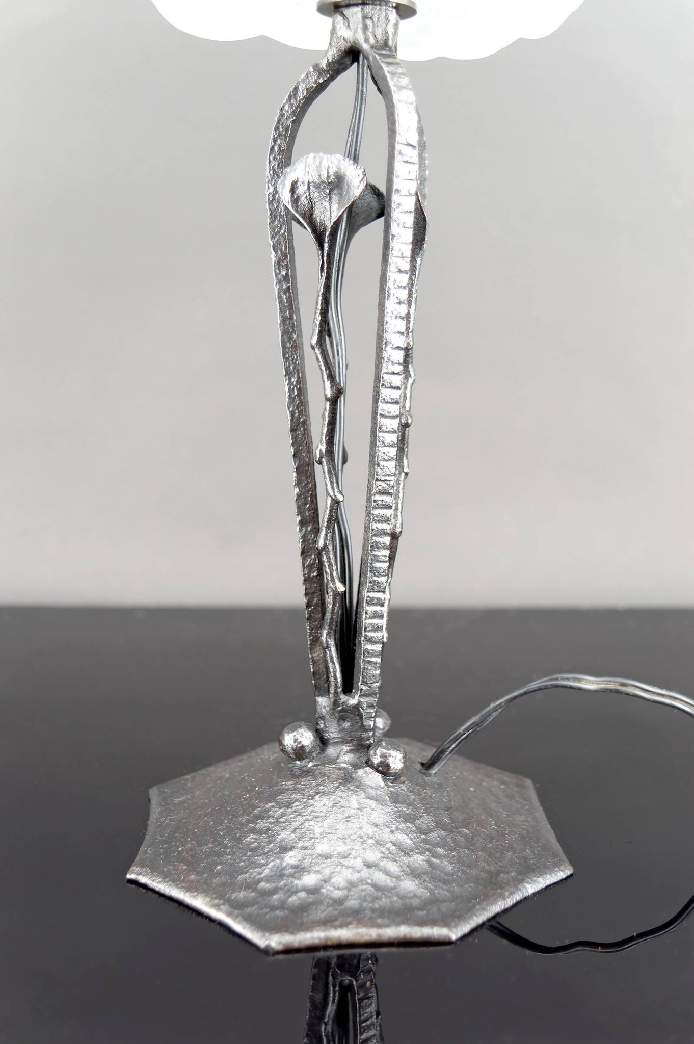 Art Deco Wrought Iron Lamp, Floral Tulip signed Degué, France, c. 1930