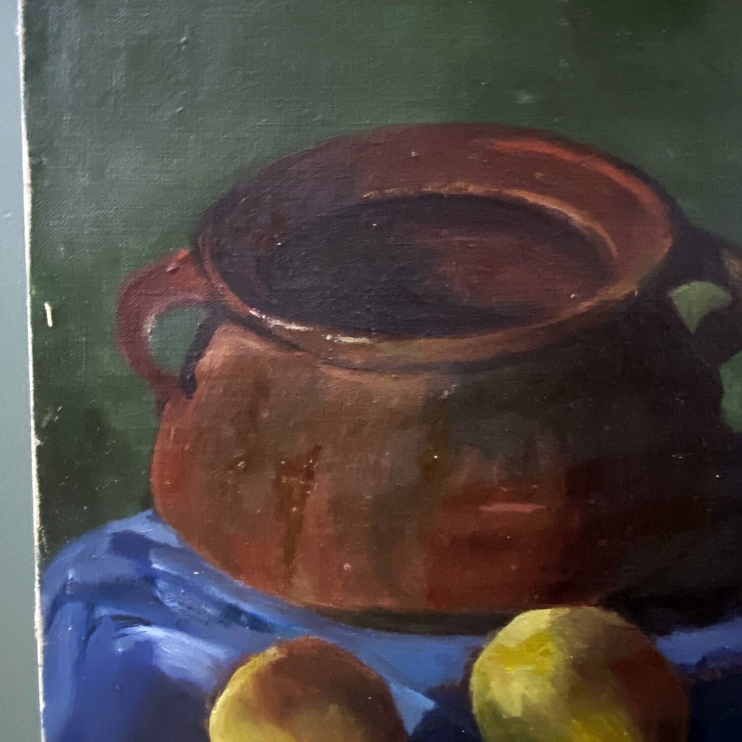 Early 20th century painting "Pot, apples and pestle"