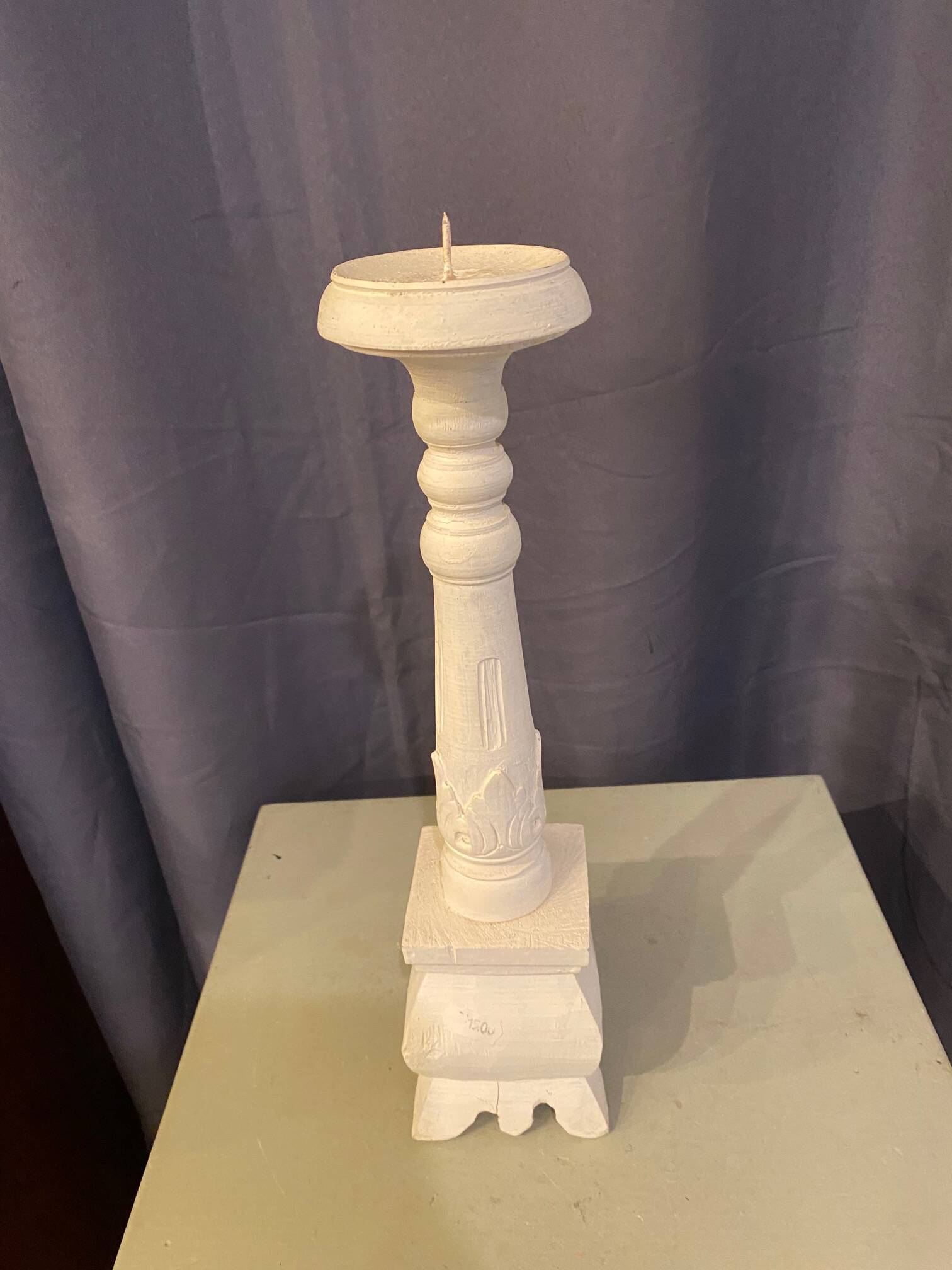 Large table candle holder candlestick in white patina wood for round candle