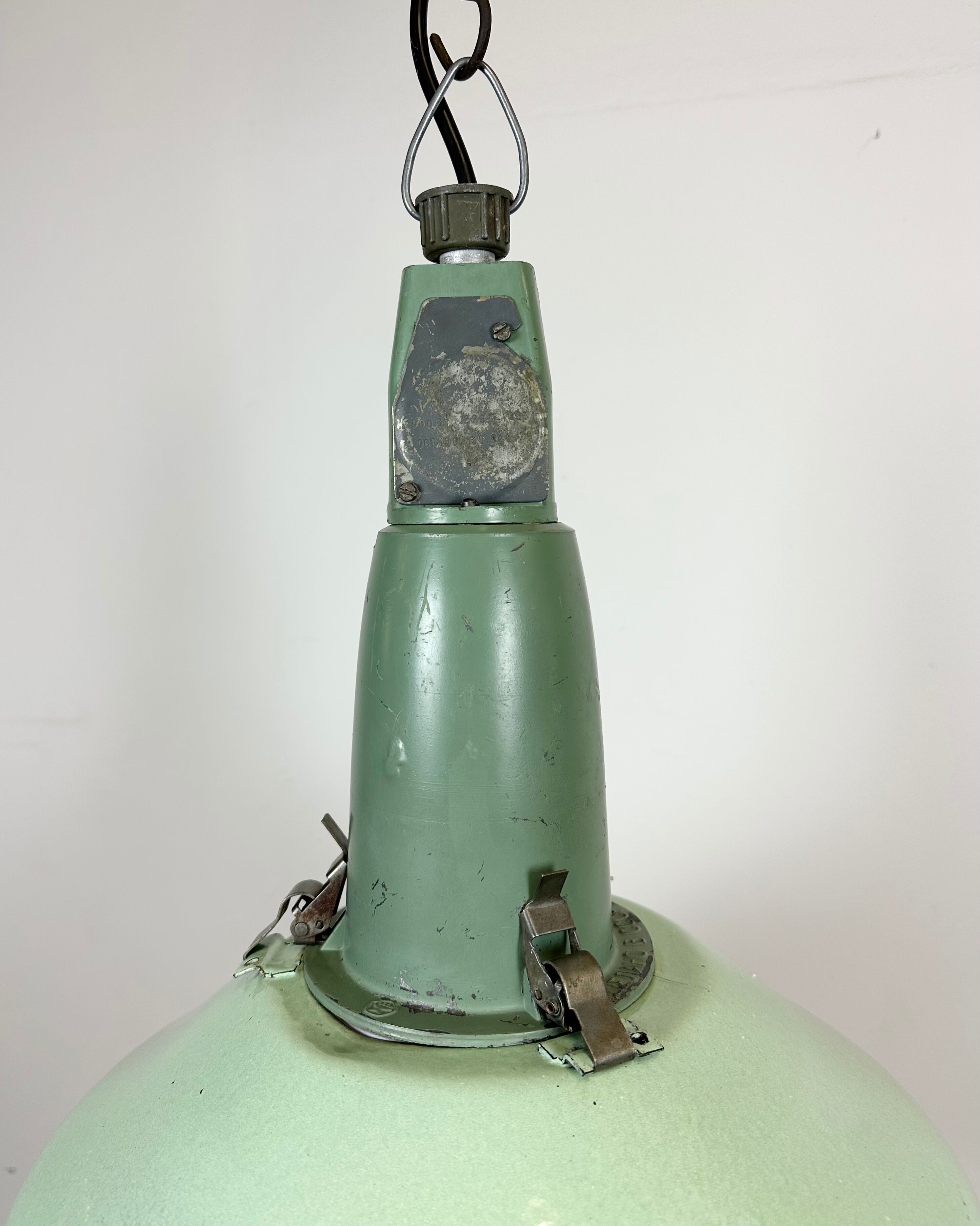 Industrial soviet green enamel pendant light with glass cover, 1960s