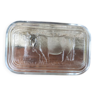 Old glass butter dish with cow motif