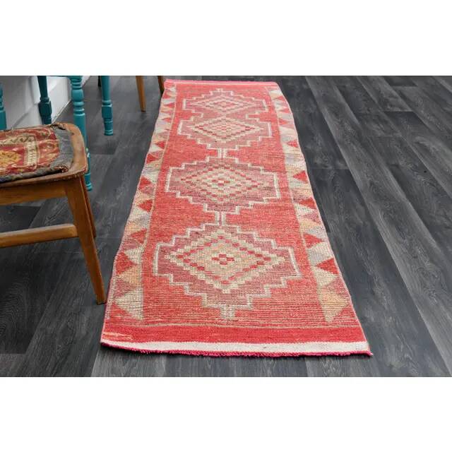 1970s Vintage Turkish Oushak Handmade Wool Cotton Pink Runner Rug 82x300
