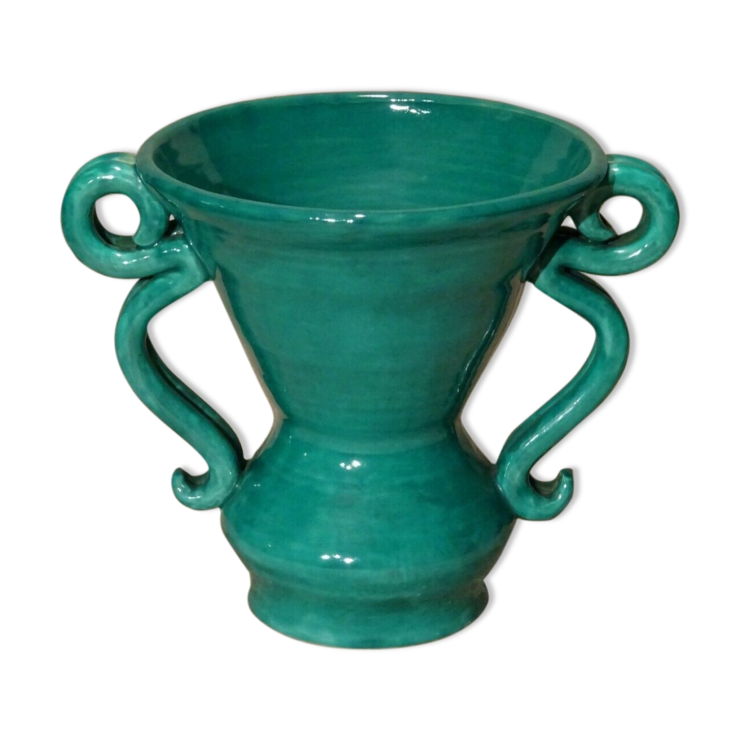 Vase 2 handles vintage green 50's Jean Austruy Saint Marcellin