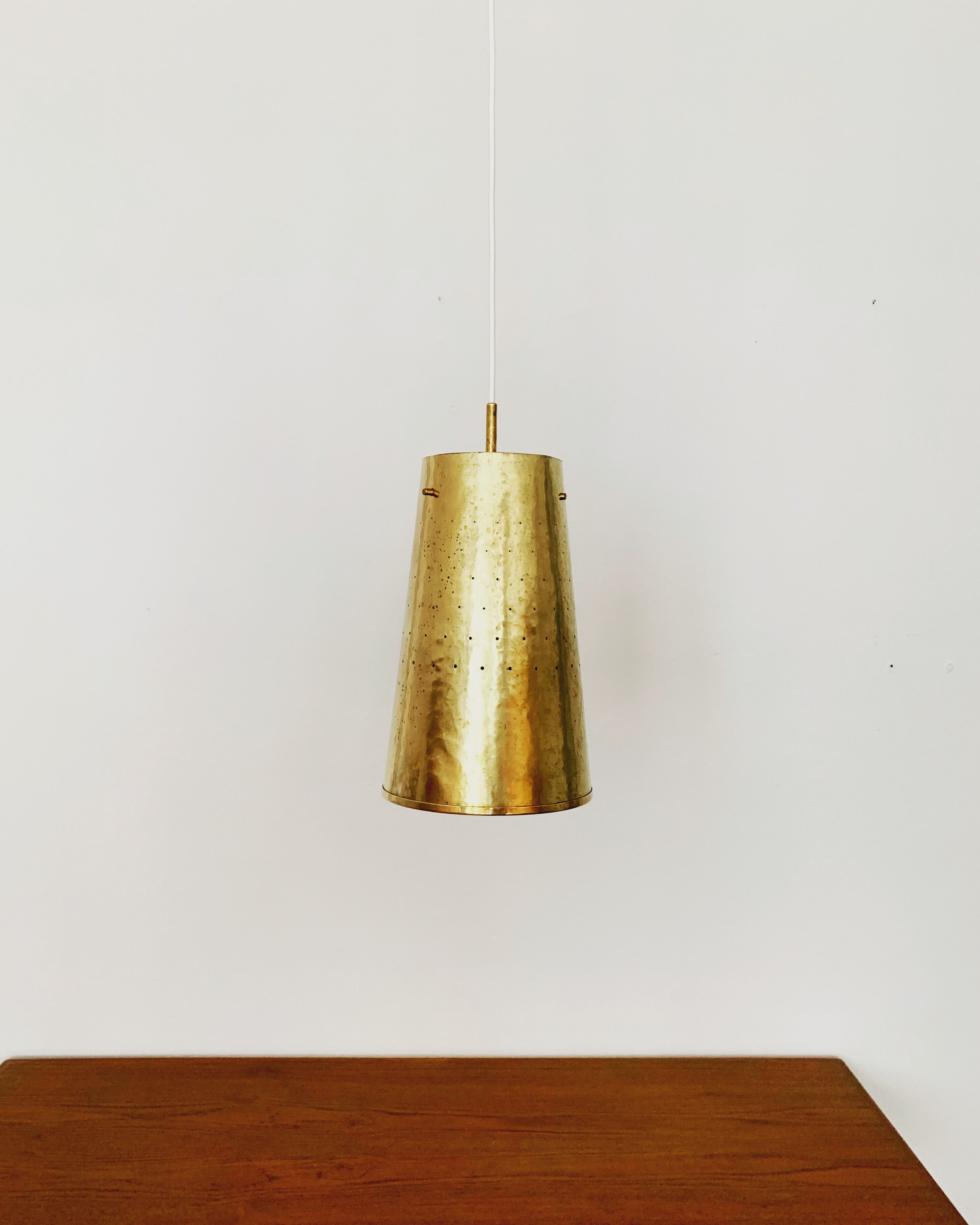 Set of 2 large Mid Century Modern perforated brass pendant lamps