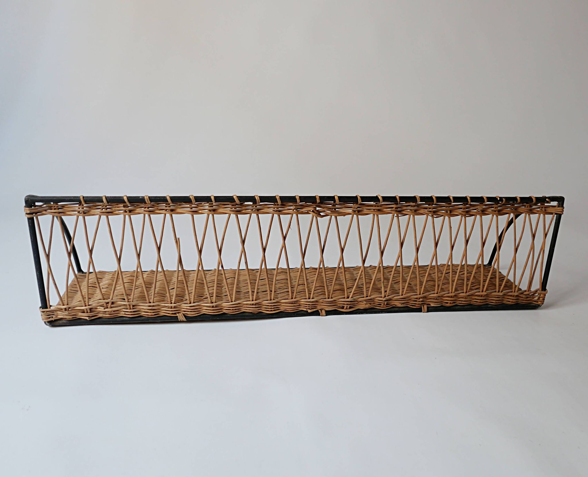 Vintage metal and wicker wall shelf, 1950s-1970s design, Mategot
