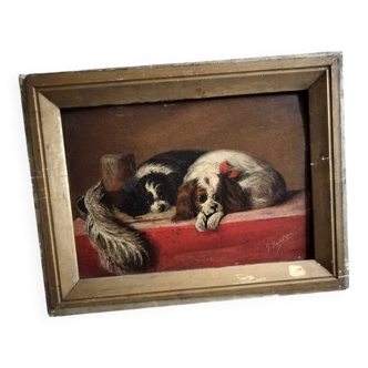 Oil dogs on wood 19th century signed