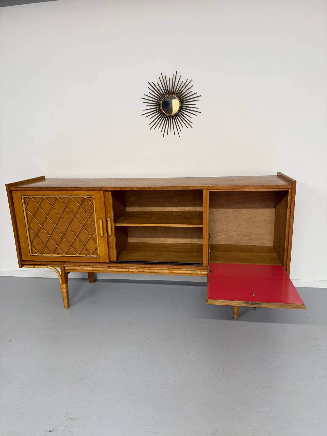Antique French vintage 50s design wooden and rattan sideboard