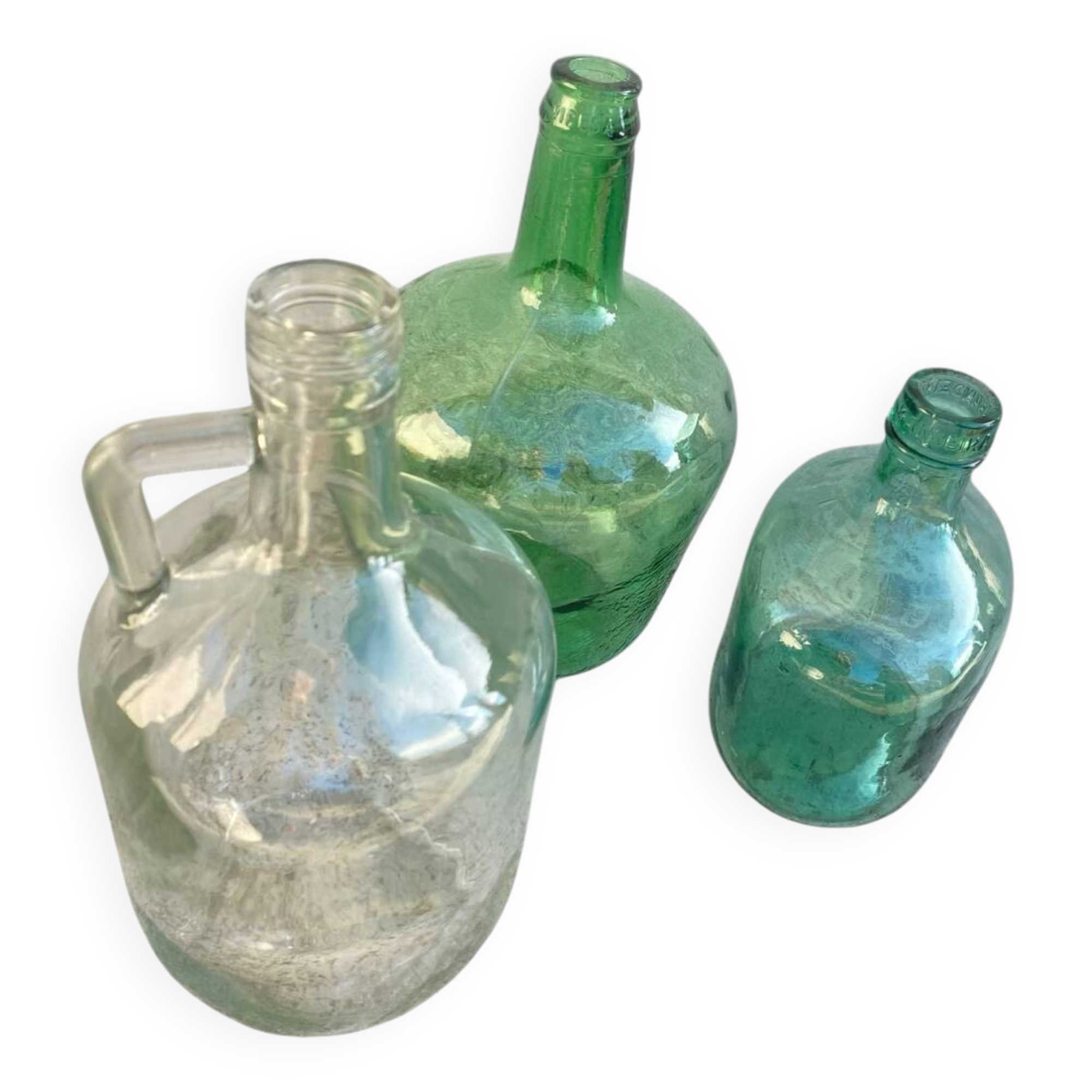 3 demijohn bottles vintage green collection