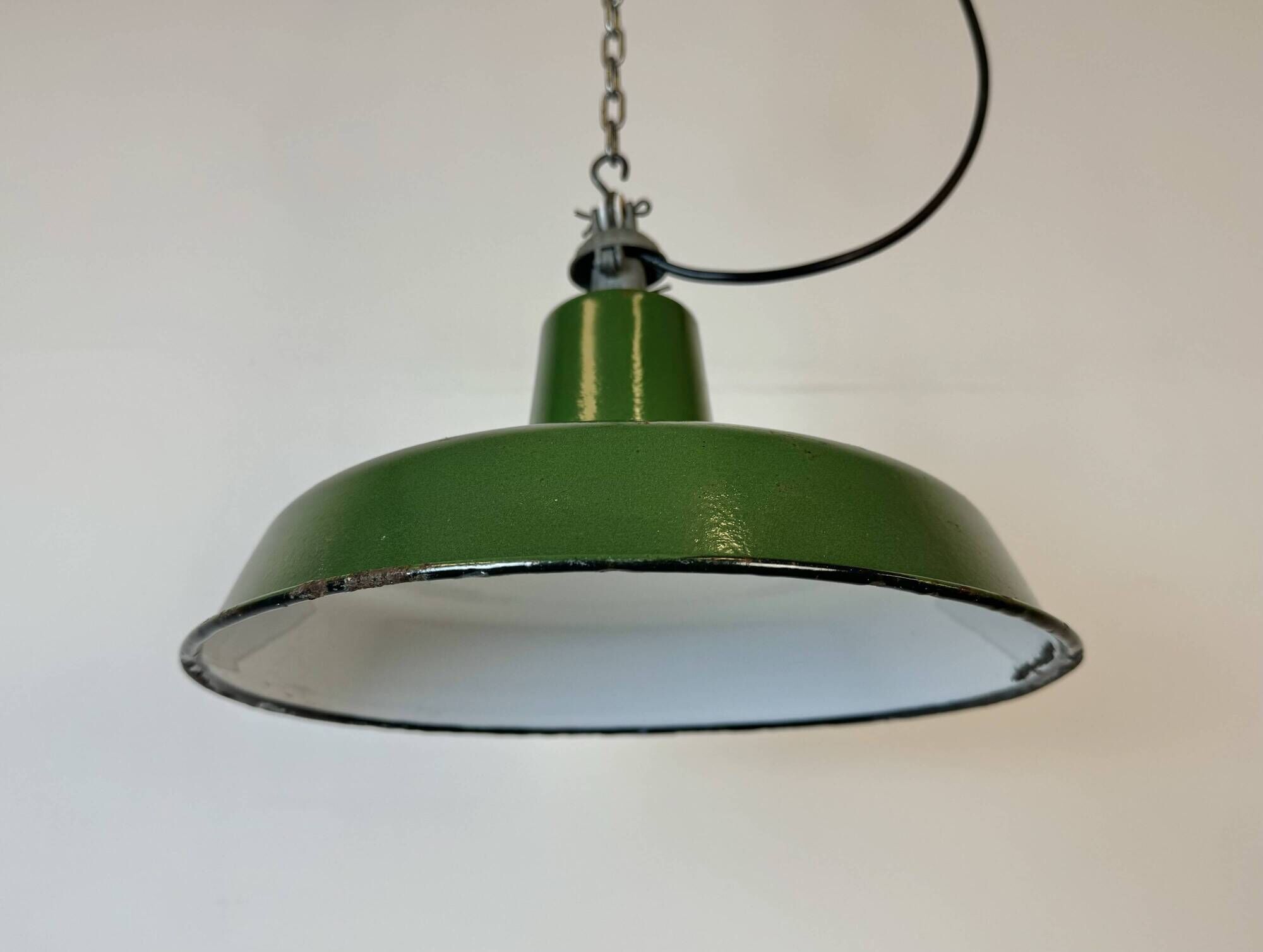 Industrial French Green Enamel Factory Lamp, 1960s