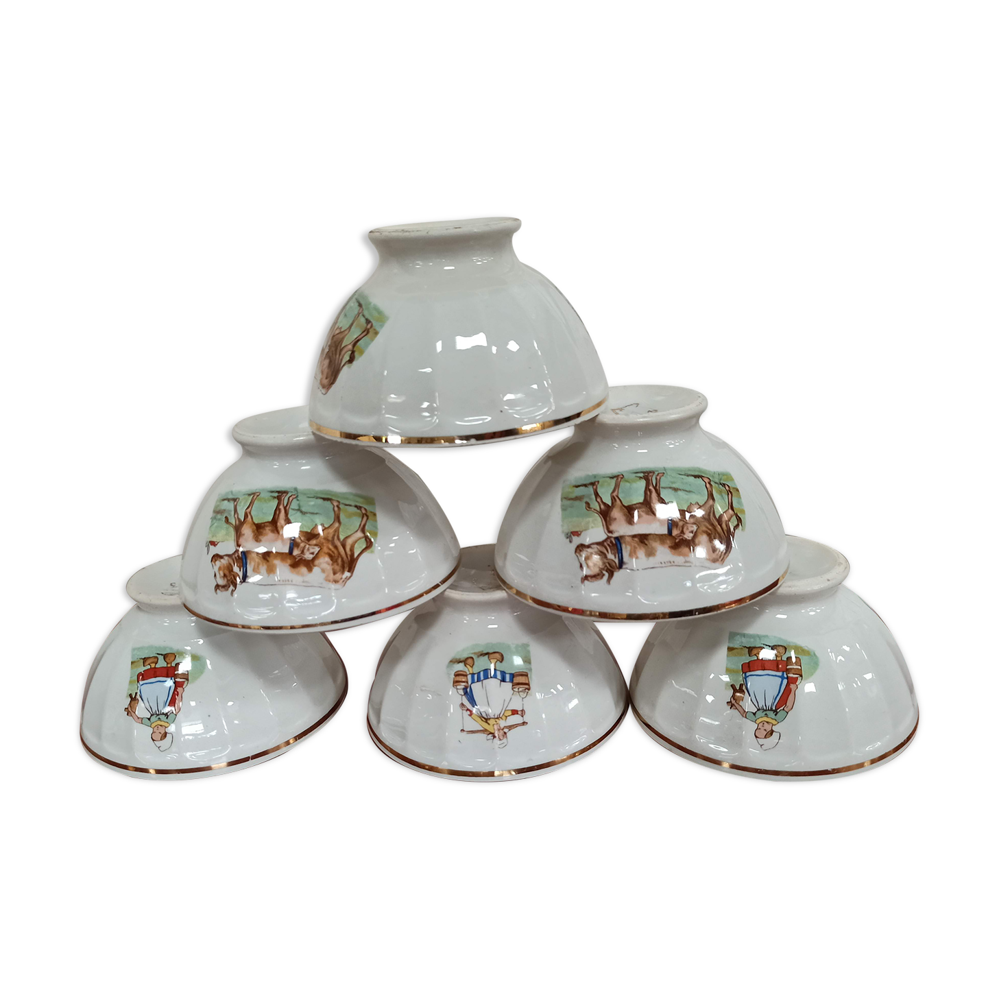 Set 6 bowls cow creamer semi porcelain old