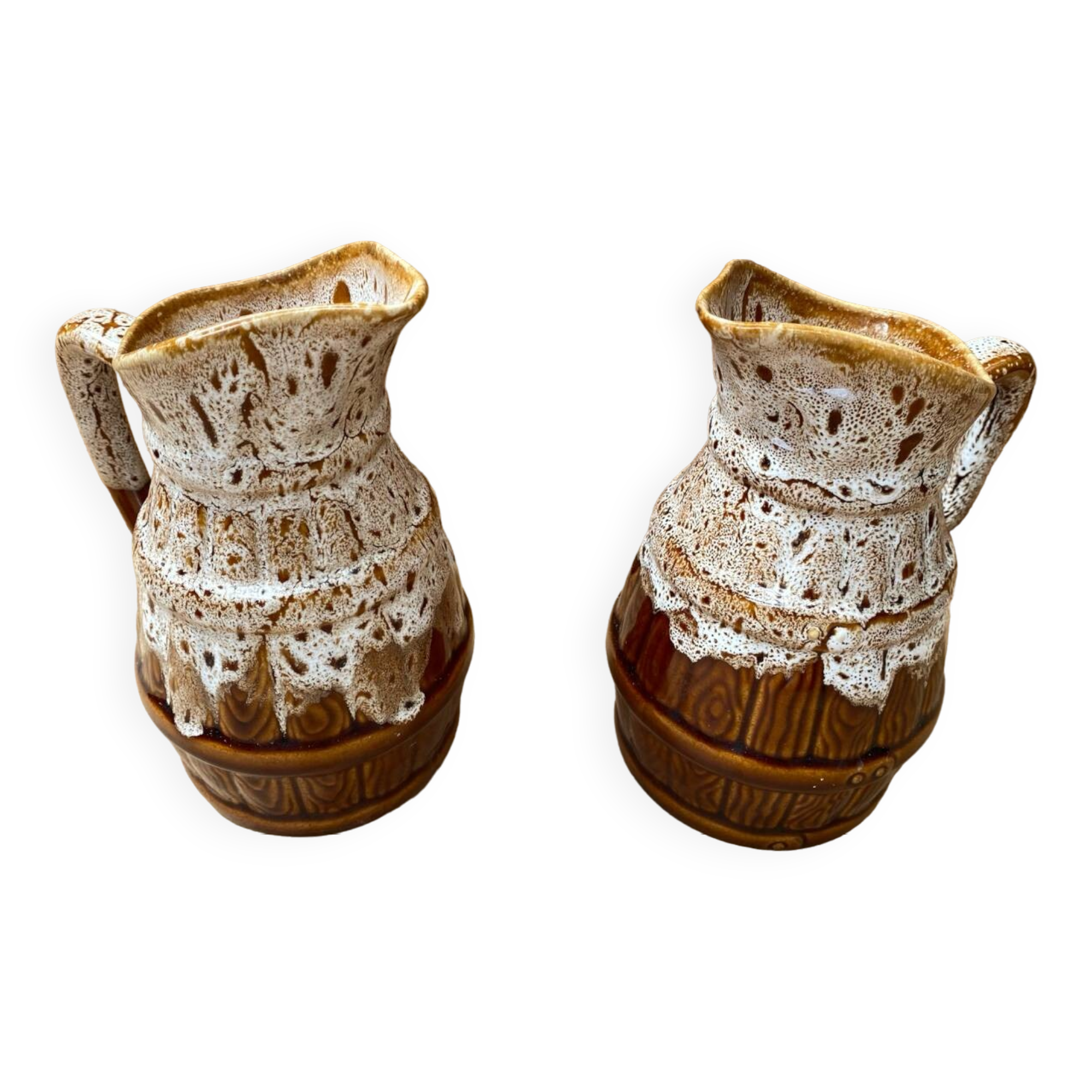 Pair Antique Brown Ceramic Barrel Shaped Pitchers Vintage