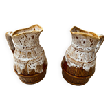 Pair Antique Brown Ceramic Barrel Shaped Pitchers Vintage