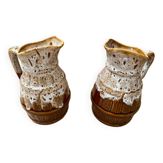 Pair Antique Brown Ceramic Barrel Shaped Pitchers Vintage