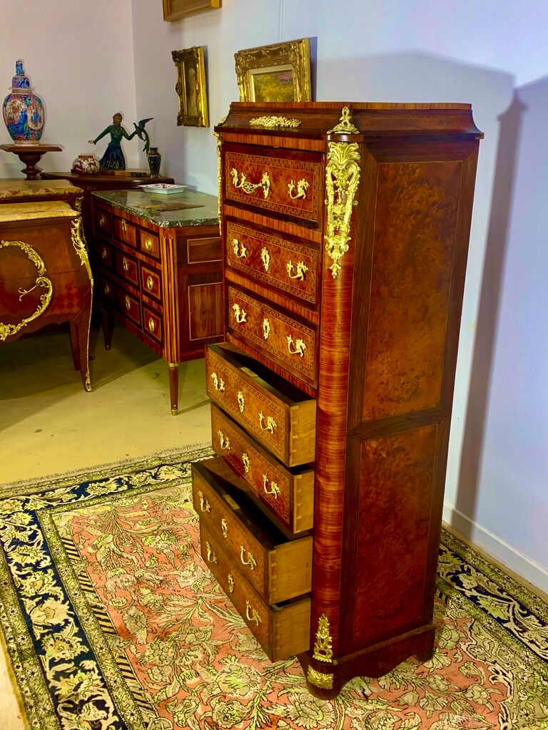 Secretary Napoleon in rosewood, violet wood and gilded bronzes.