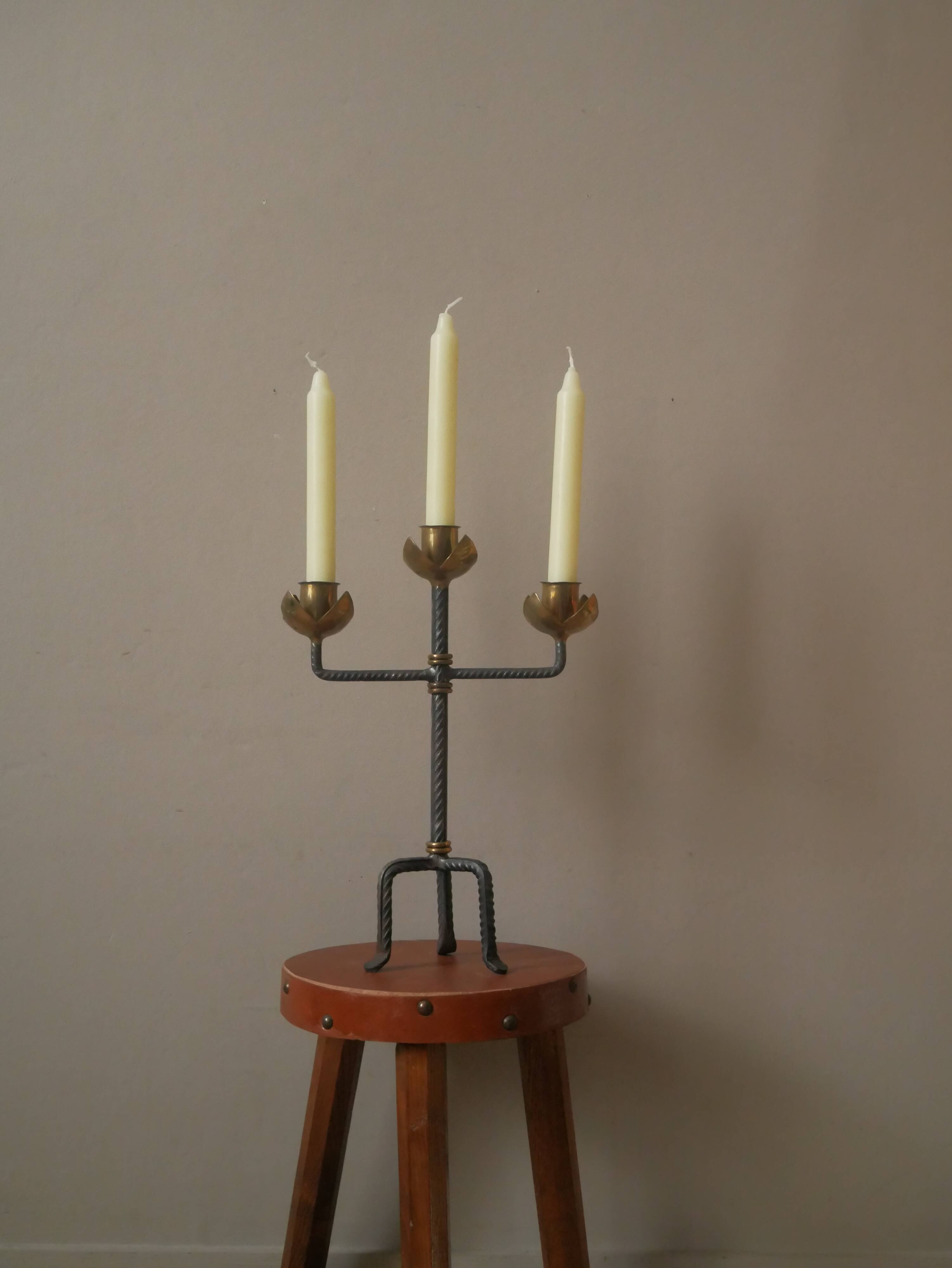 Candlestick with three branches wrought iron brass handcrafted unique piece candelabra candle holder
