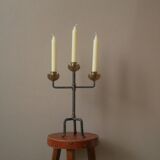 Candlestick with three branches wrought iron brass handcrafted unique piece candelabra candle holder