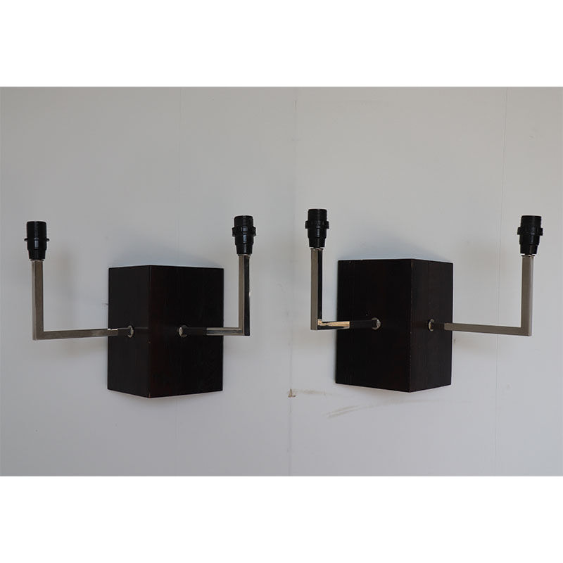 Pair of wall sconces in oak and chromed metal
