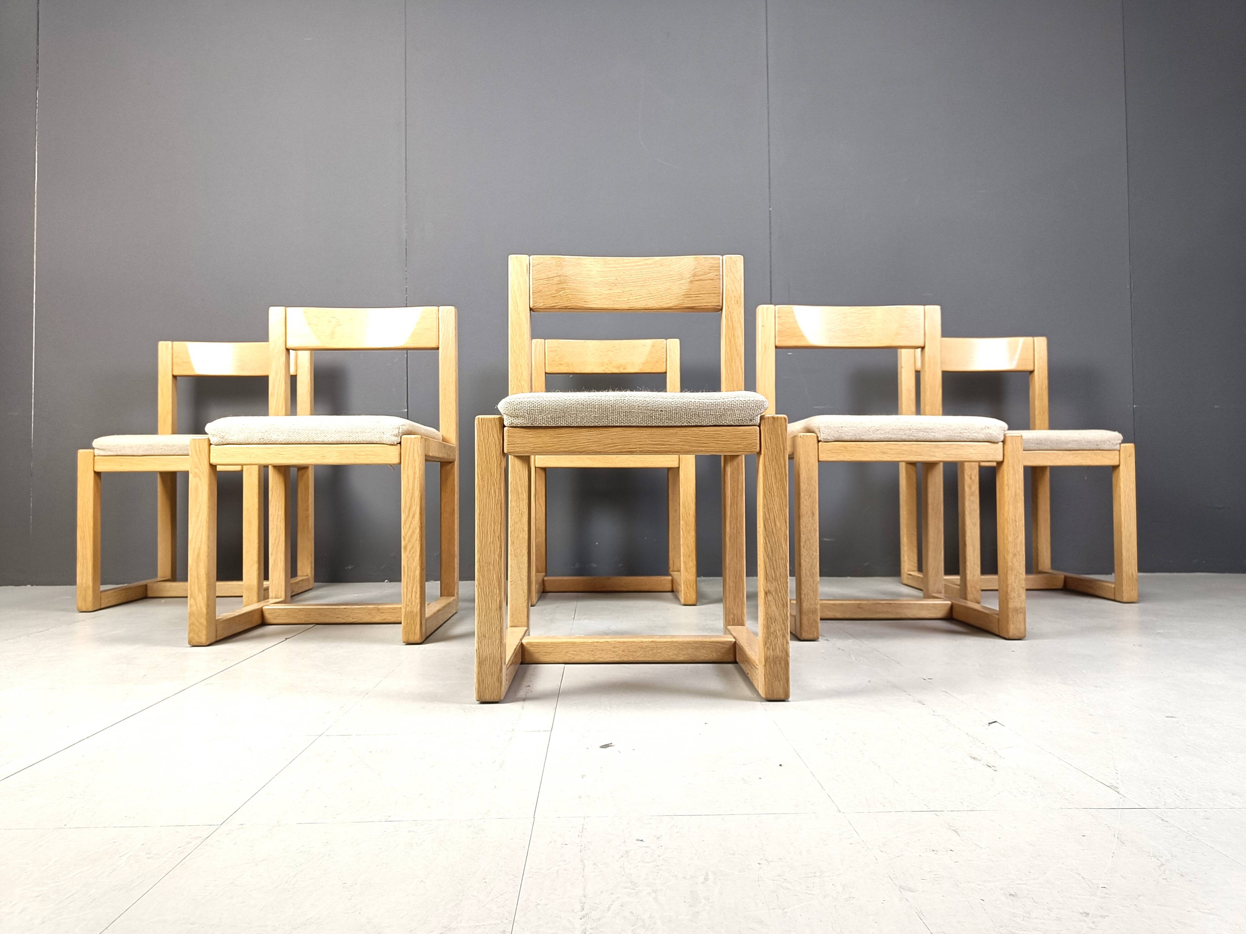 6 Brutalist oak and grey fabric dining chairs, 1970s