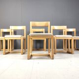 6 Brutalist oak and grey fabric dining chairs, 1970s