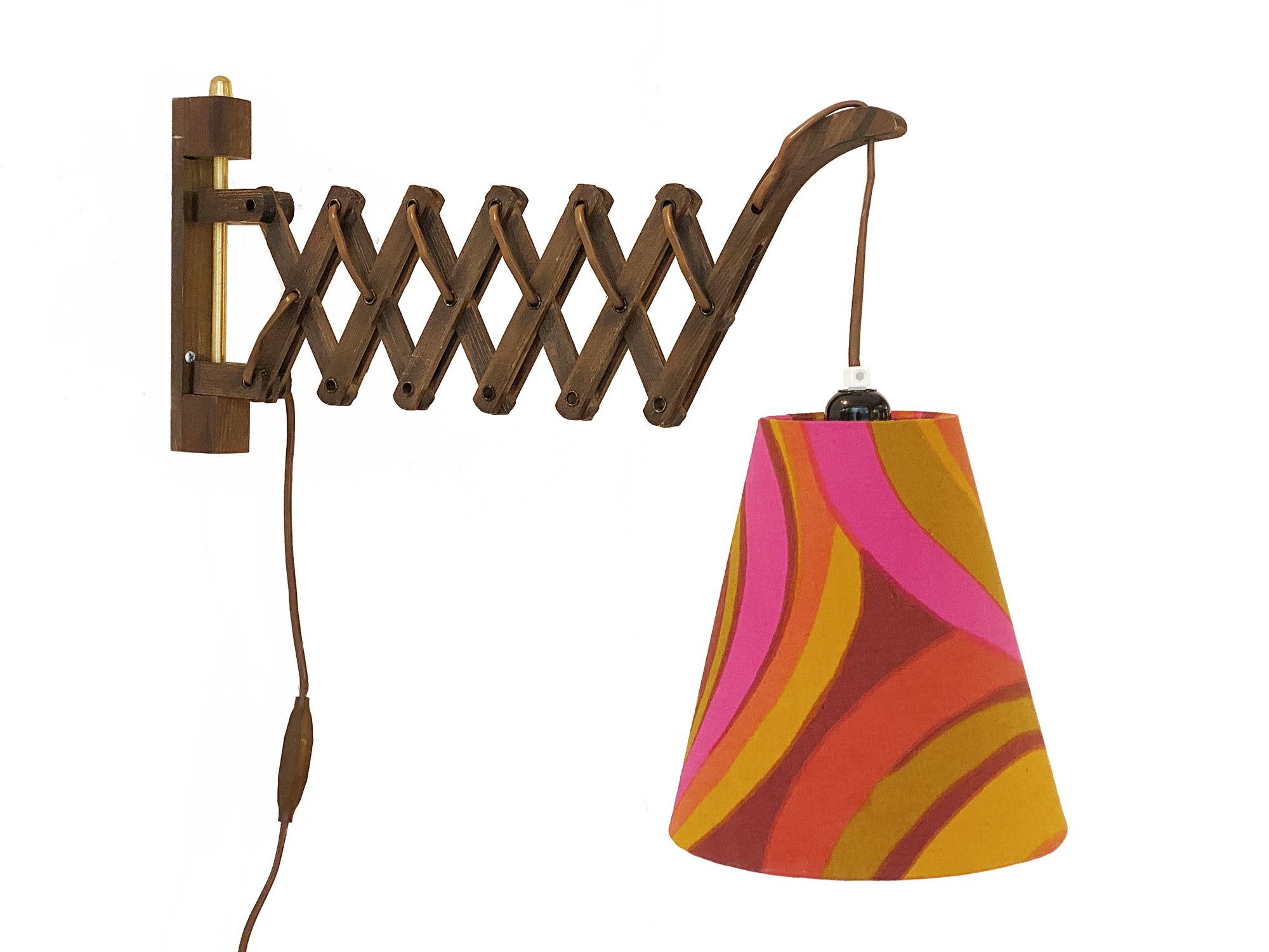 Wall lamp/scissor lamp with new shade from repurposed 1960s printed fabric by Metsovaara . Sweden 19