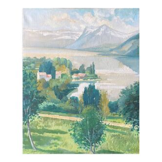 Tableau huile sur toile par Lucien Guilleminot  "Vue du lac Léman"