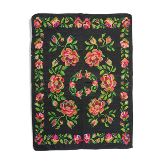 Romanian handwoven duvet for bed and sofa, wall yapestry or rug on black background with roses 202x170cm