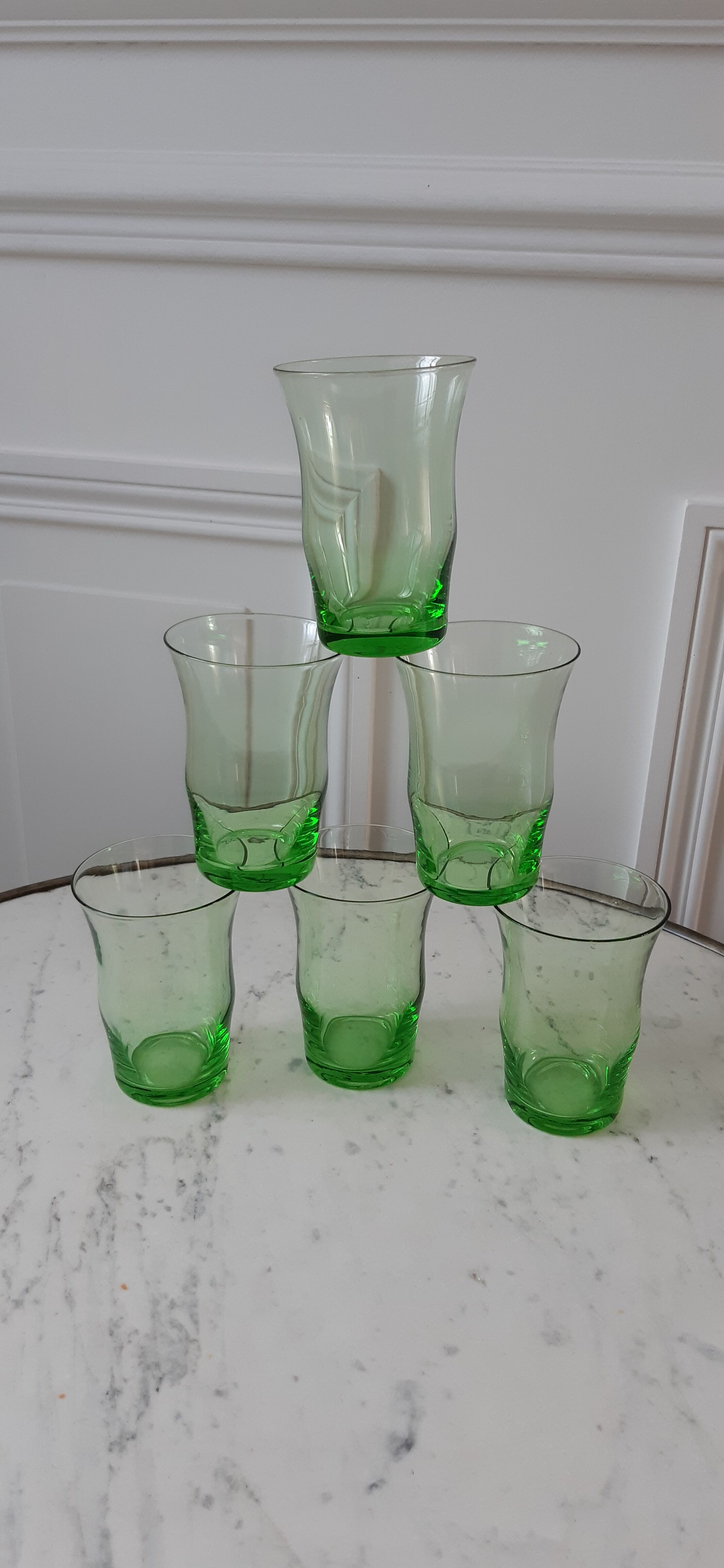Lot de 6 verres à eau verts années 70