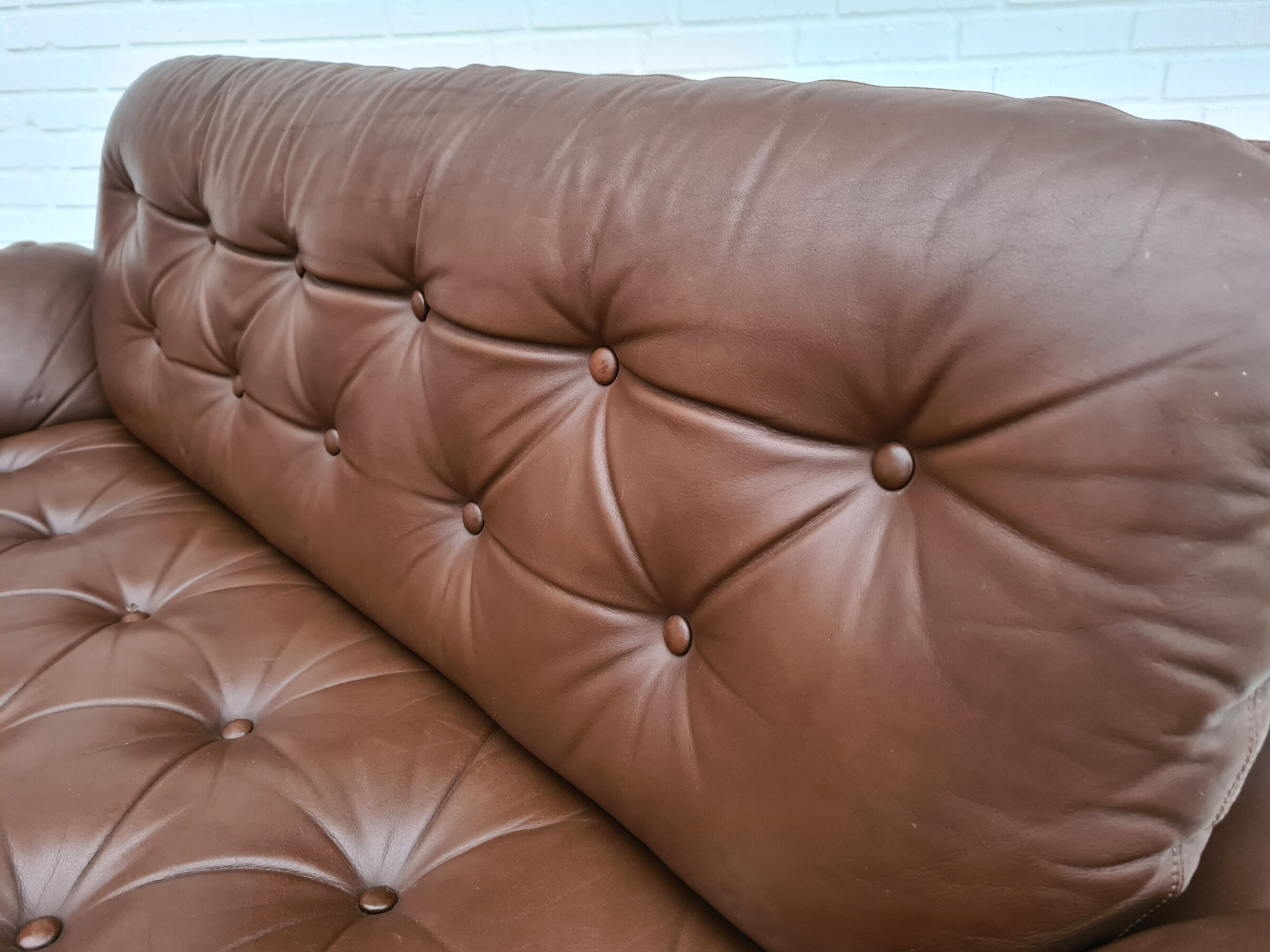 Danish 2-seater sofa, original brown leather, 70s