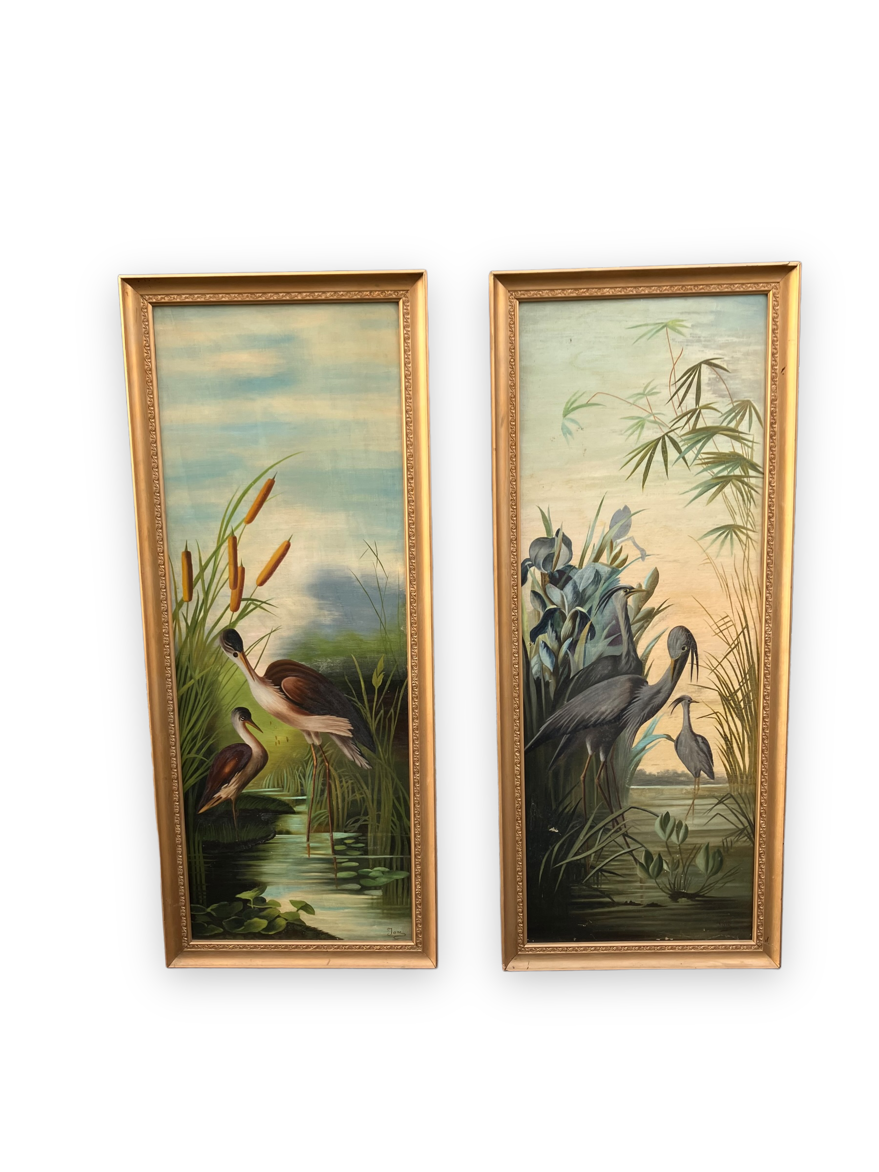 Pair of Japanese Oils On Canvas Birds By The River signed JANE