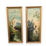 Pair of Japanese Oils On Canvas Birds By The River signed JANE