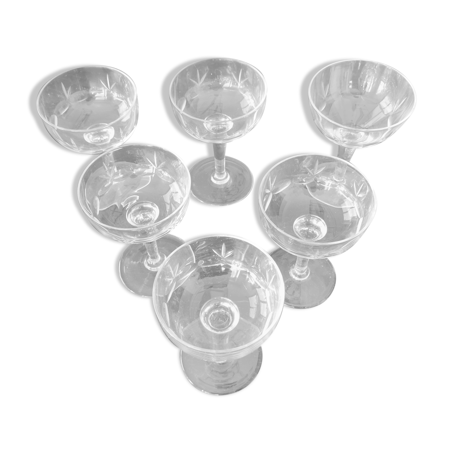 6 vintage engraved champagne glasses