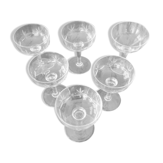 6 vintage engraved champagne glasses