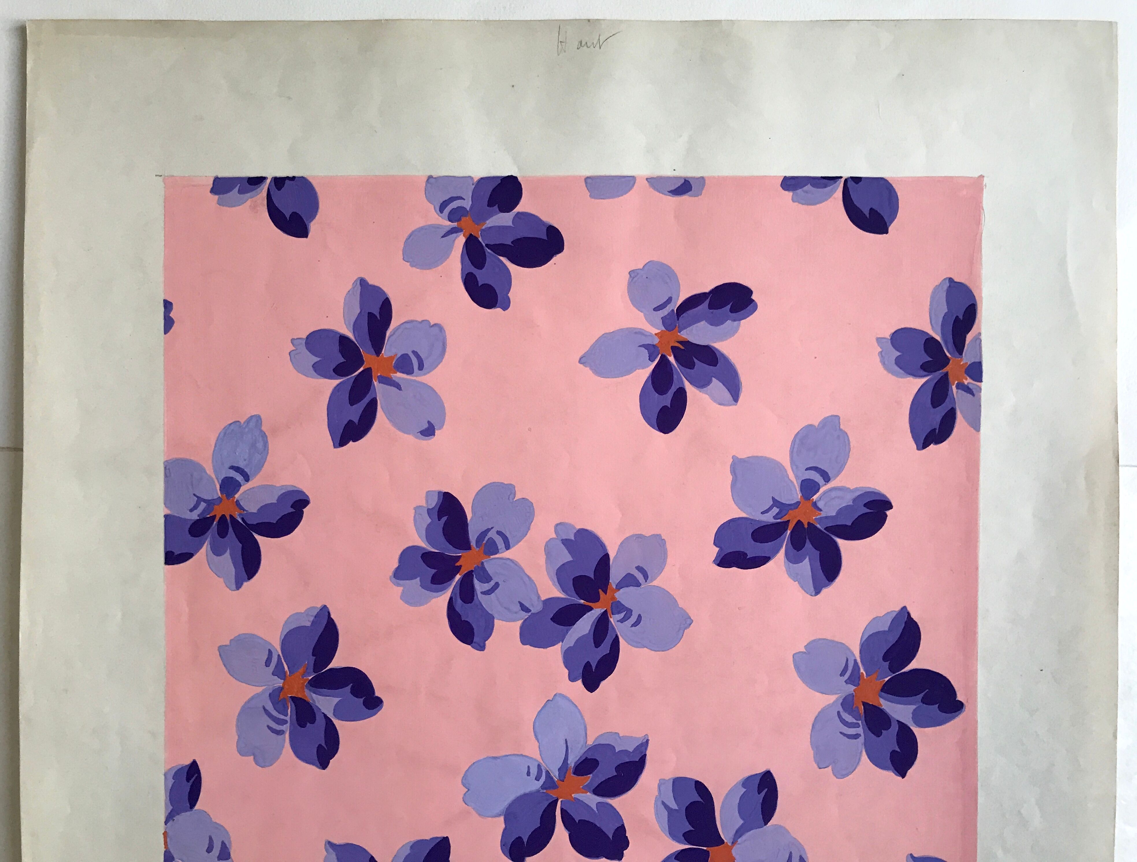 Original gouache on paper from Editions JEHLEM, floral decoration (purple), twentieth century, Paris