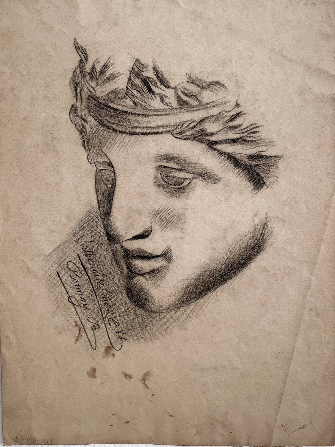 Antique academic drawing, study of a head after a marble, late 19th century