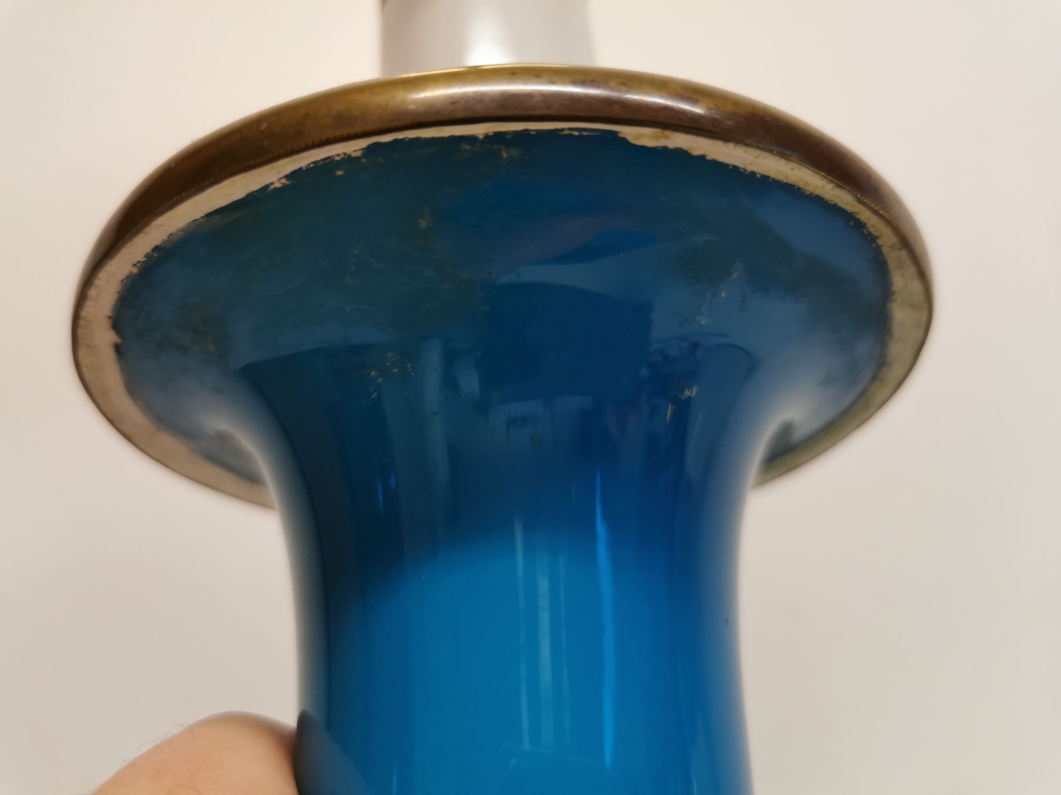 Sea blue glass lamp with brass top