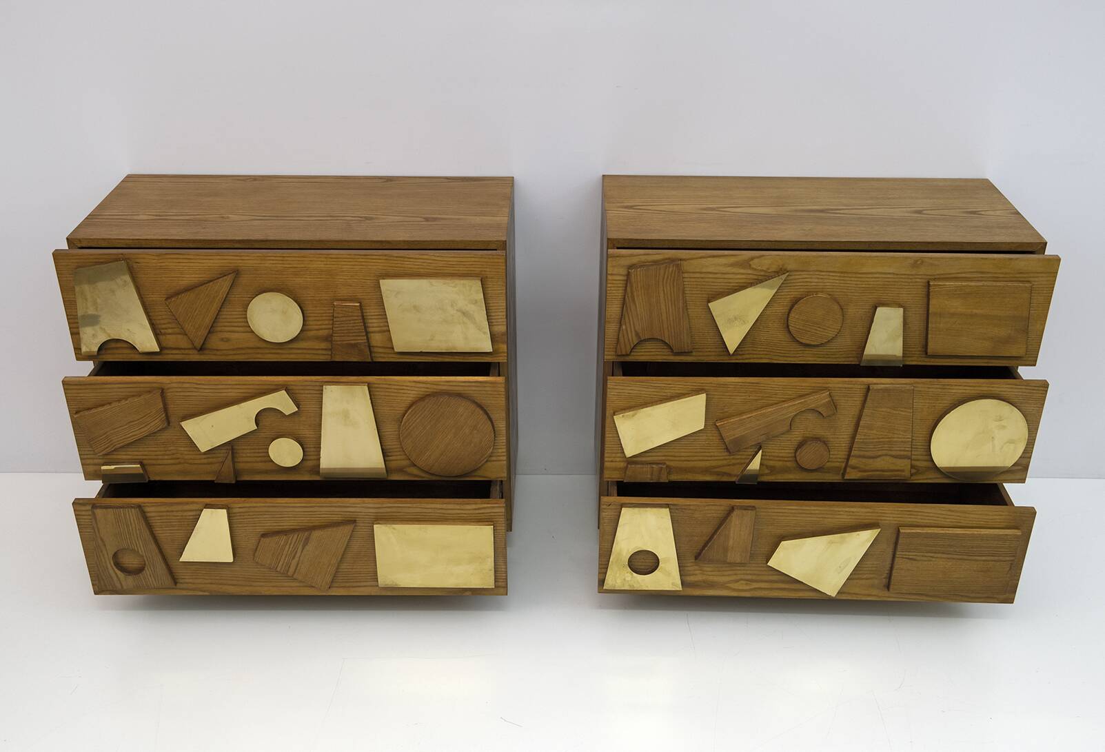 Brutalist Italian Ash Tree and Brass Chests of Drawers, Two