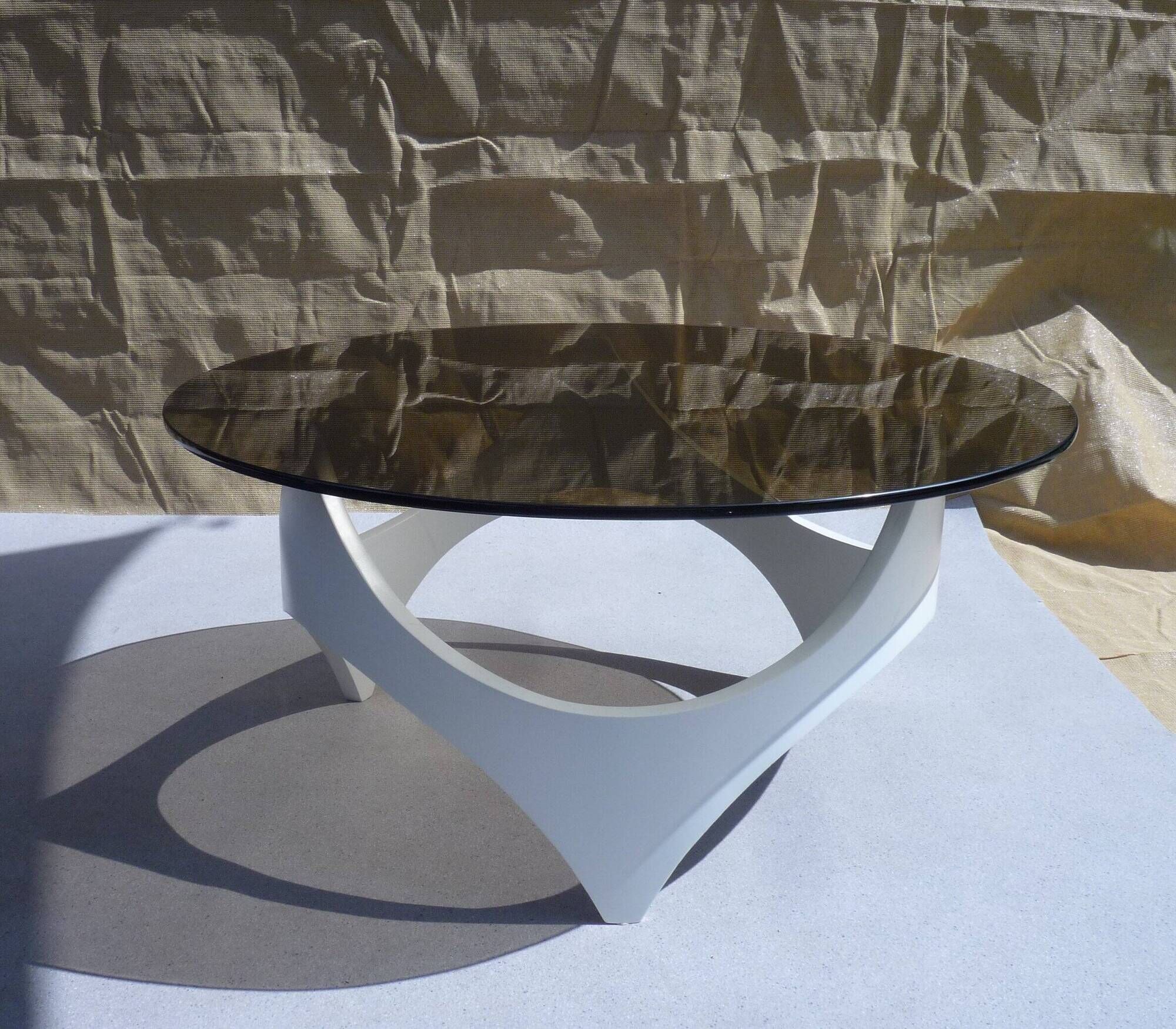 Coffee table space age wood and glass